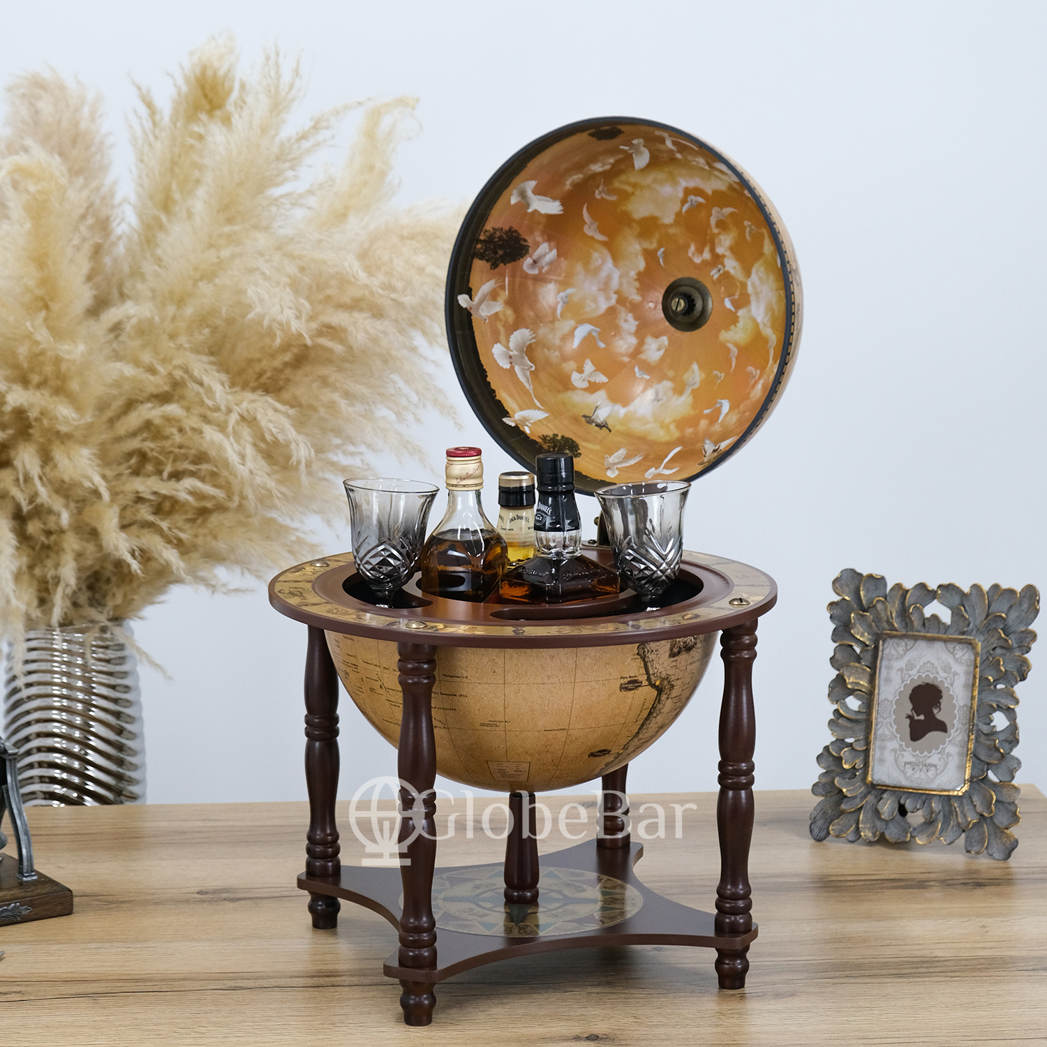 Глобус-бар настільний на 3 пляшки, діаметр 33 см, кремовий (41 х 41 х 57 см), 33006N