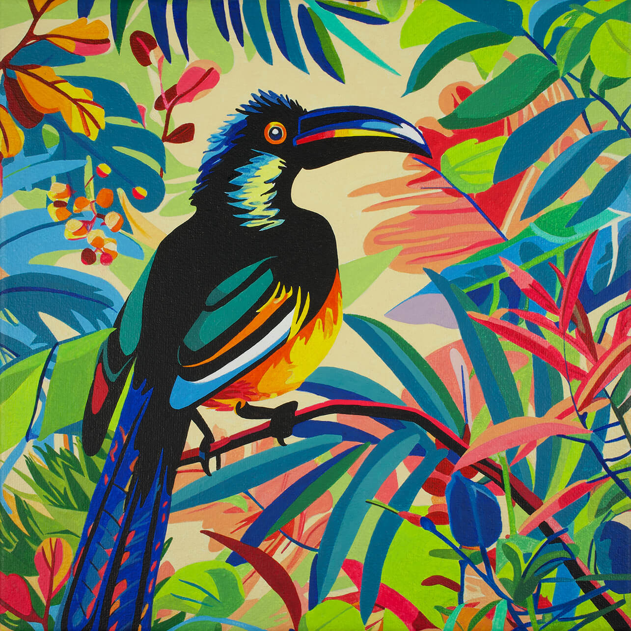 Bird in a rainforest I, 25x25 cm, original acrylic painting on canvas