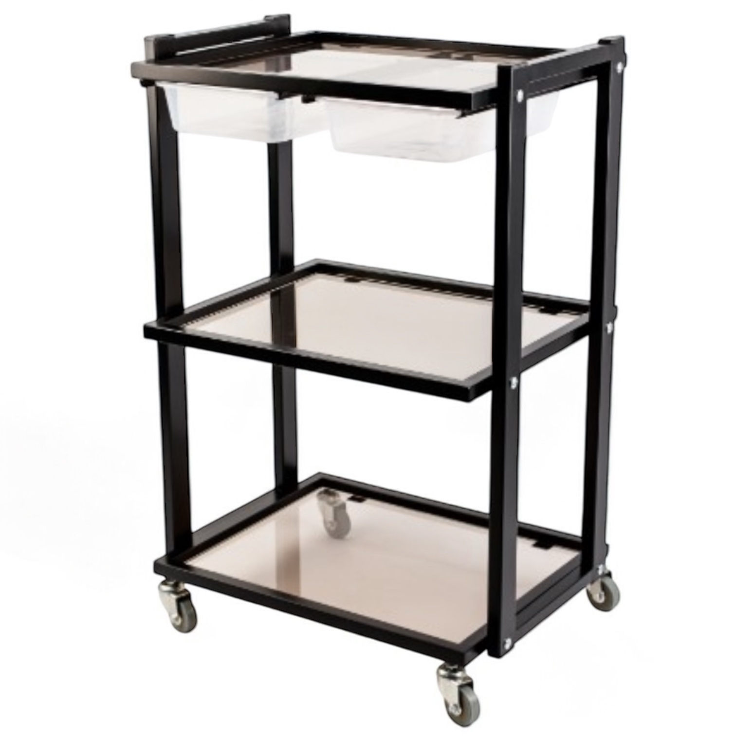 Візок косметологічний маніпуляційний з трьома полицями та висувним ящиком на дві секції,чорний