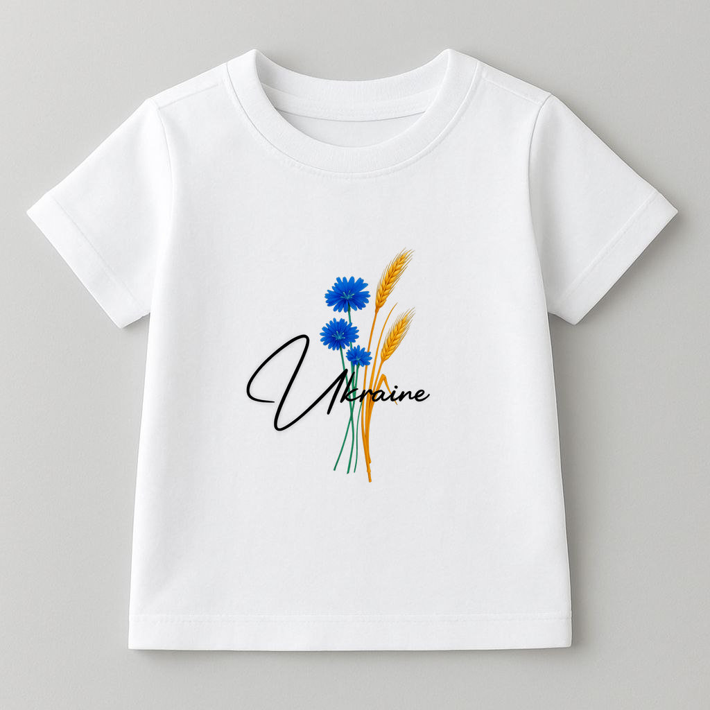 ДИТЯЧА ФУТБОЛКА КОТОН БІЛИЙ КОЛІР З ПРИНТОМ "КОЛОСОК УКРАЇНА"