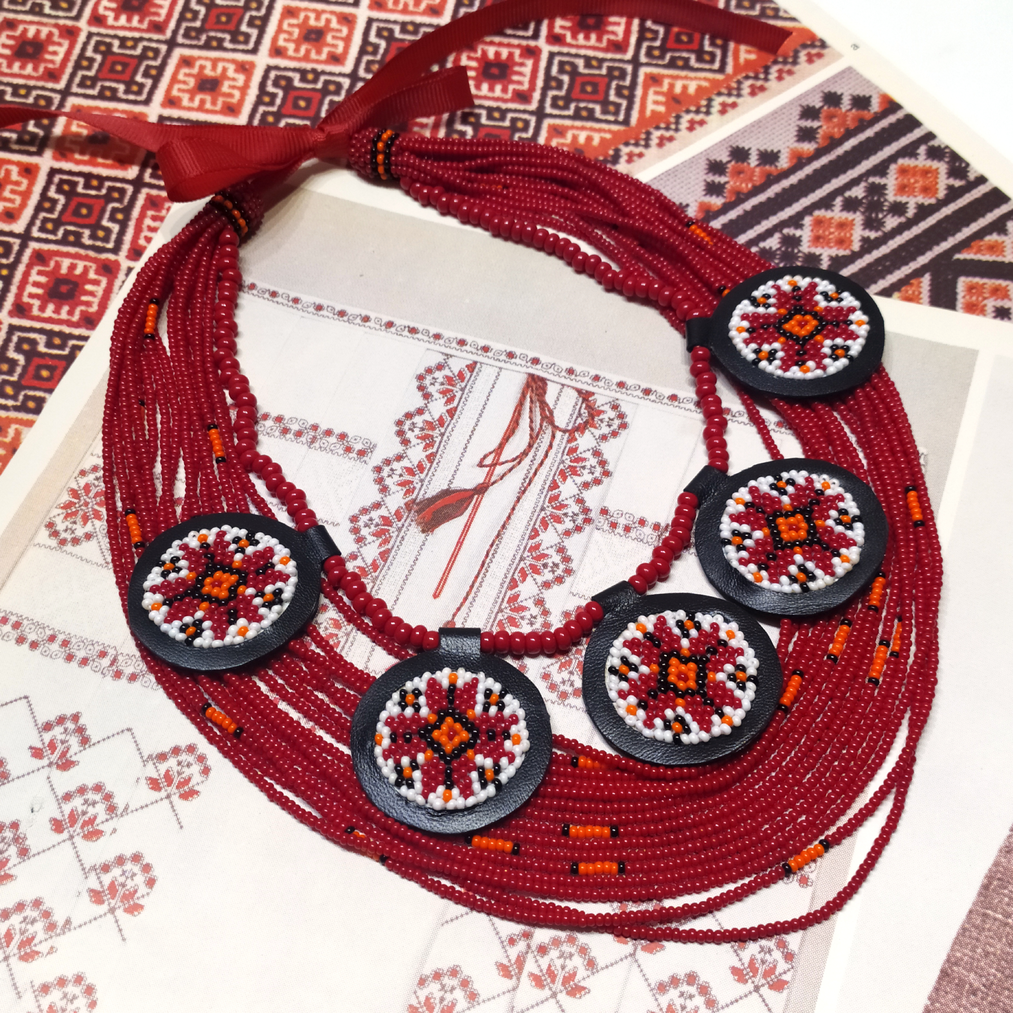 Намисто багаторядне «Дукати» червоно-оранжеве