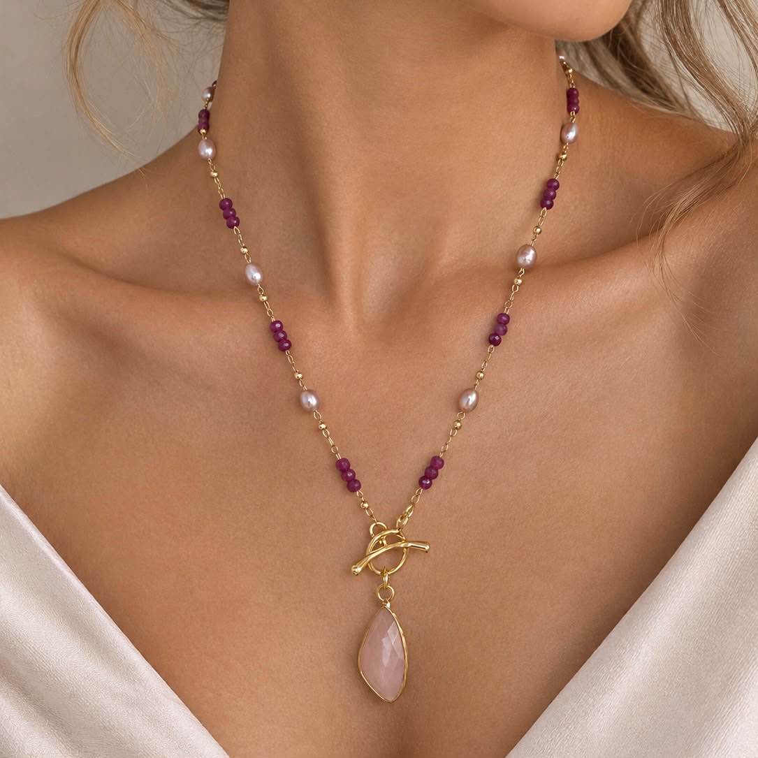 Ruby, Pink Freshwater Pearl & Rose Quartz Necklace