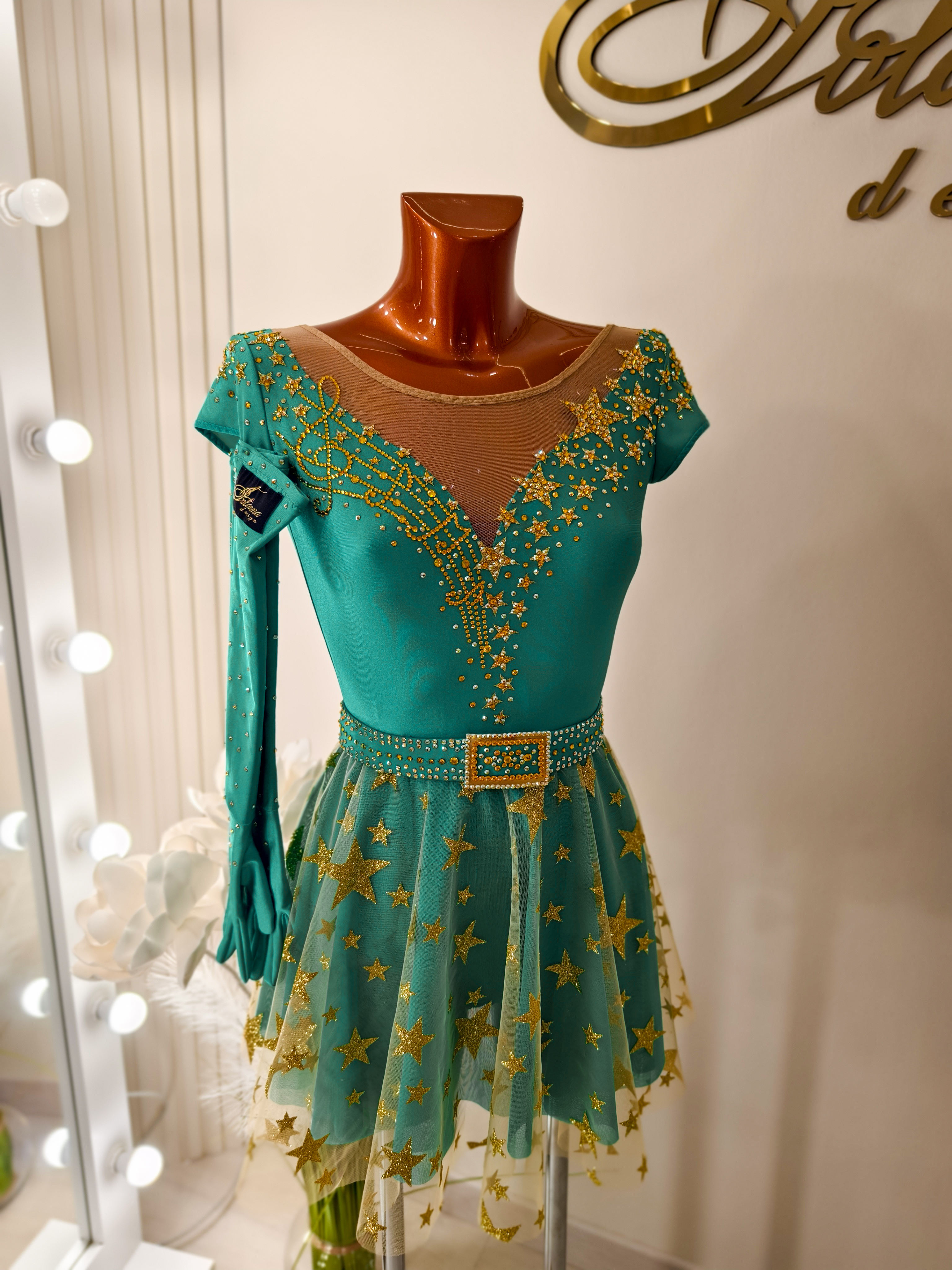 Starry gold custom figure skating dress, Emerald ice skating costume