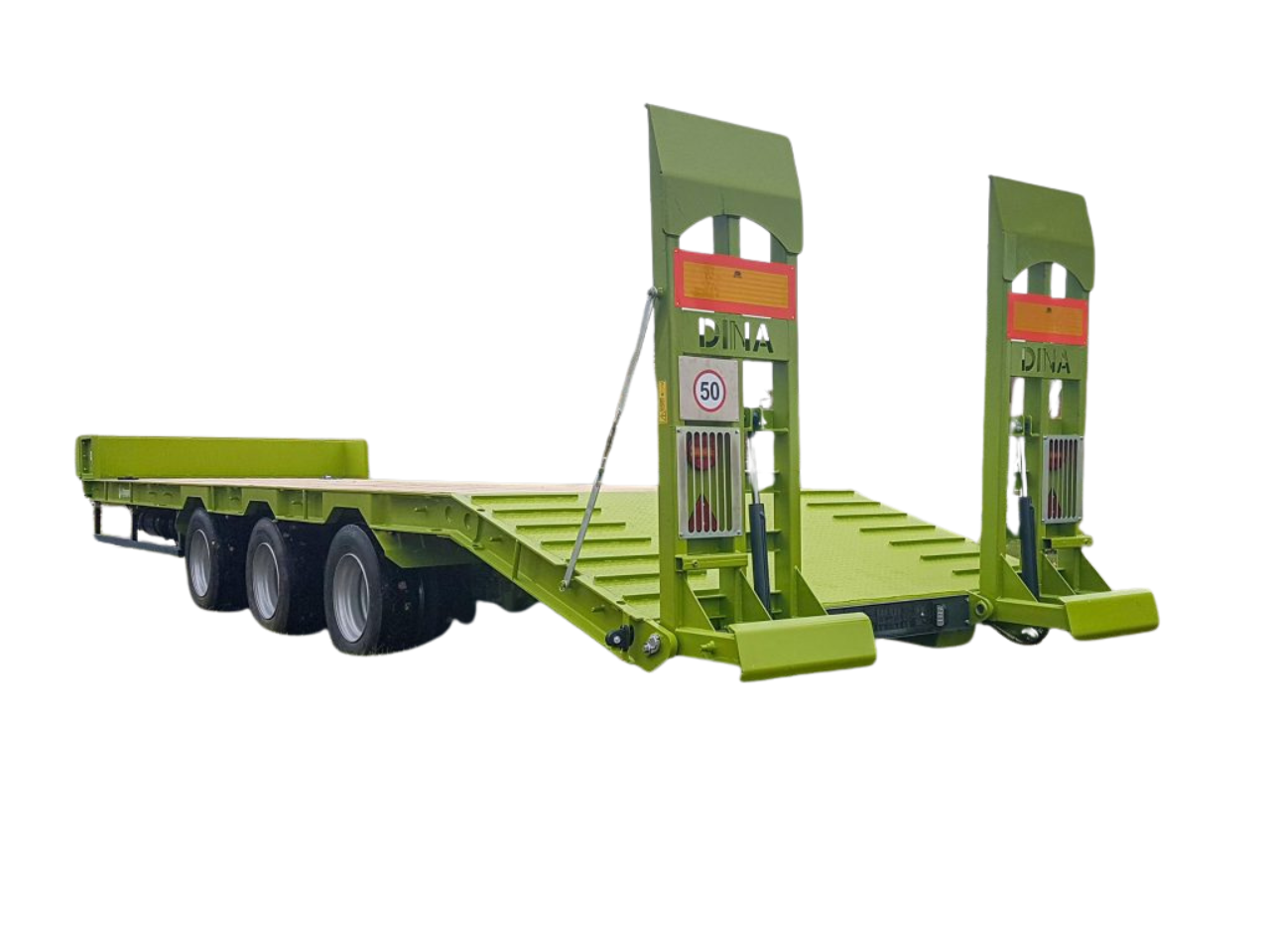Низькорамний транспортний причіп-платформа для трактора, спеціально для перевезення важкої техніки та обладнання