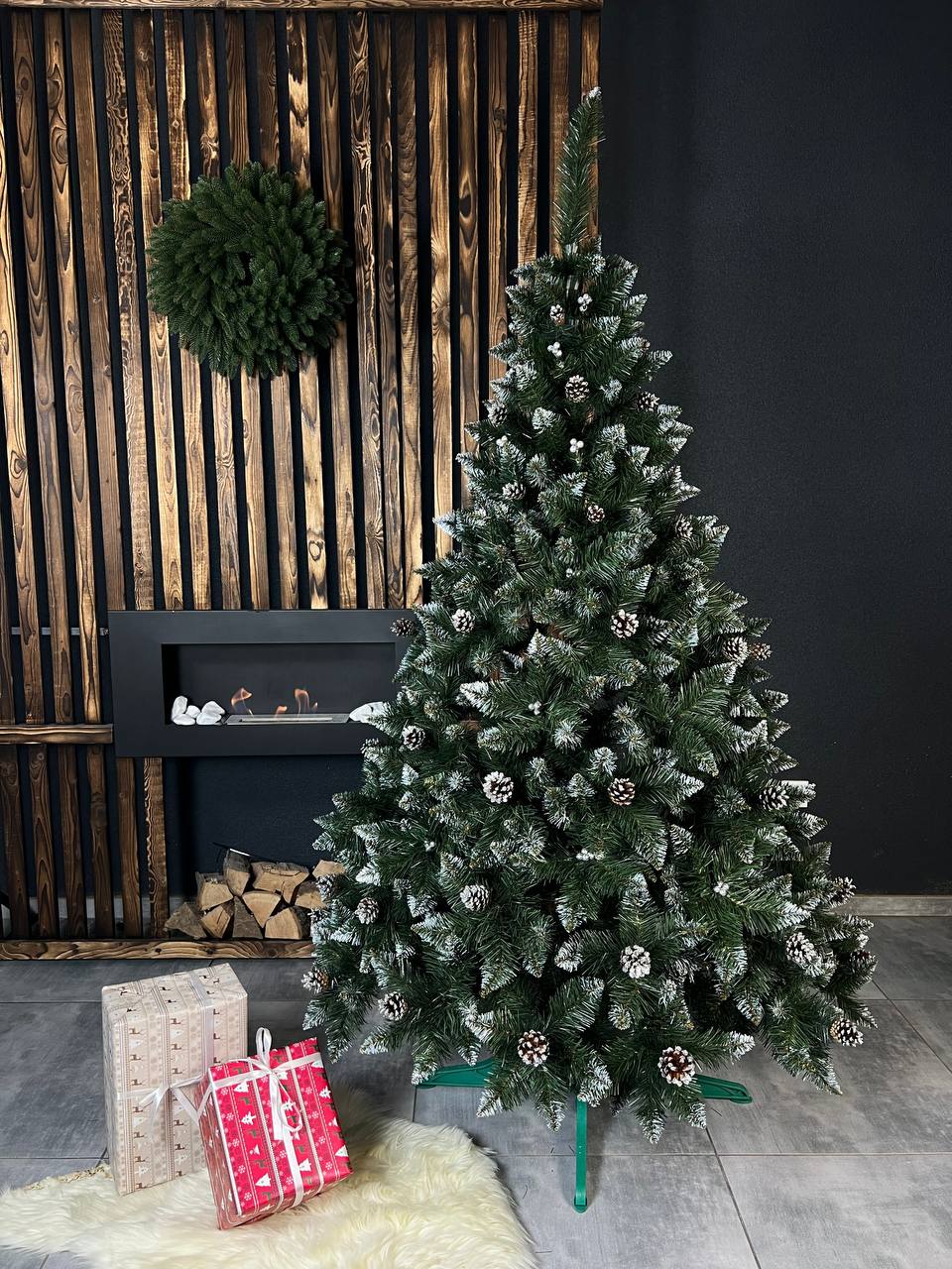 Ялинка «Елітна з шишкою + калина» СРІБНА - 2.0м. 🤍 (червона, синя, золота)