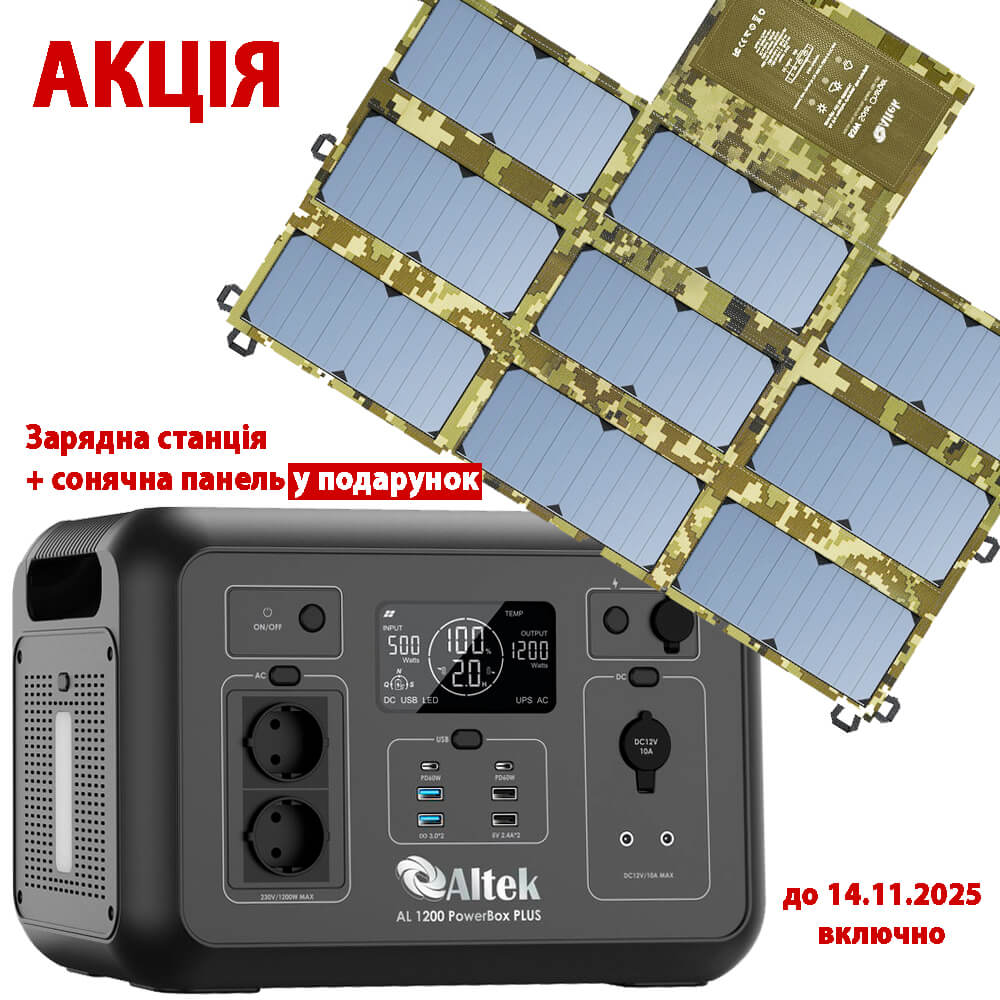 Комплект зарядна станція AL 1200 PowerBox Plus + розкладна панель 63W ALT-63, мілітарі