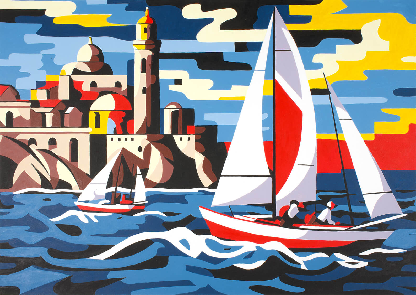 Yachts at the castle, 30x42 cm original acrylic painting on paper