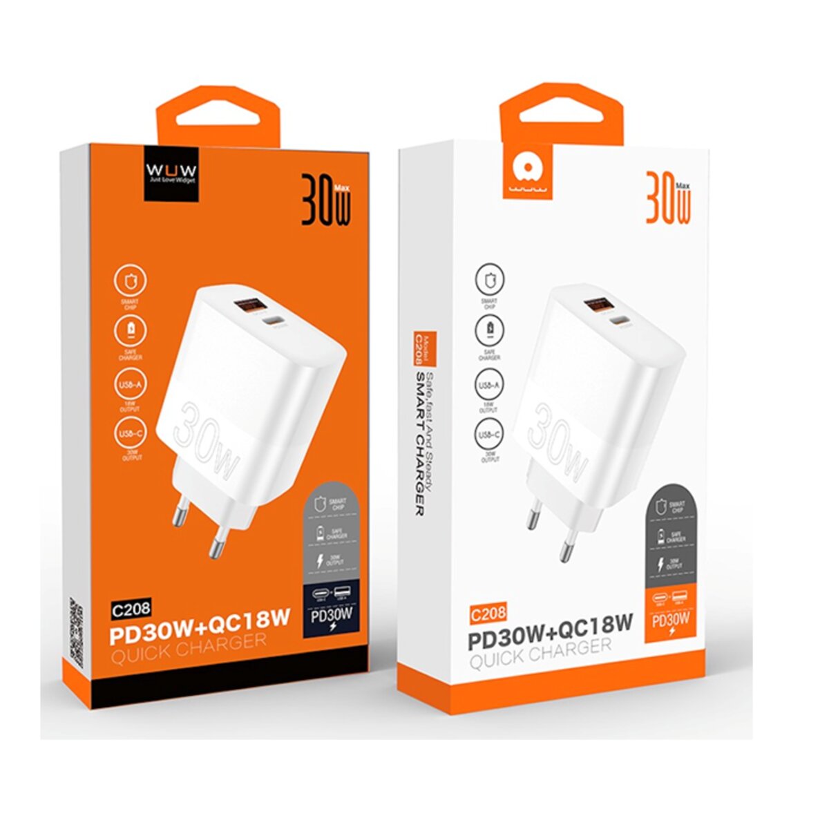 Зарядний пристрій WUW-C208 (30W, USB-C + USB QC3.0, 18W)