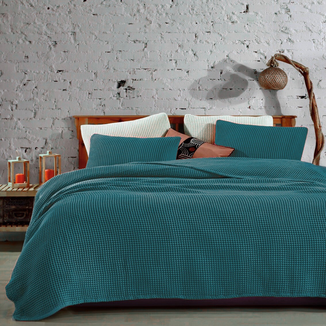 Вафельний плед-покривало піке, колір Бірюза