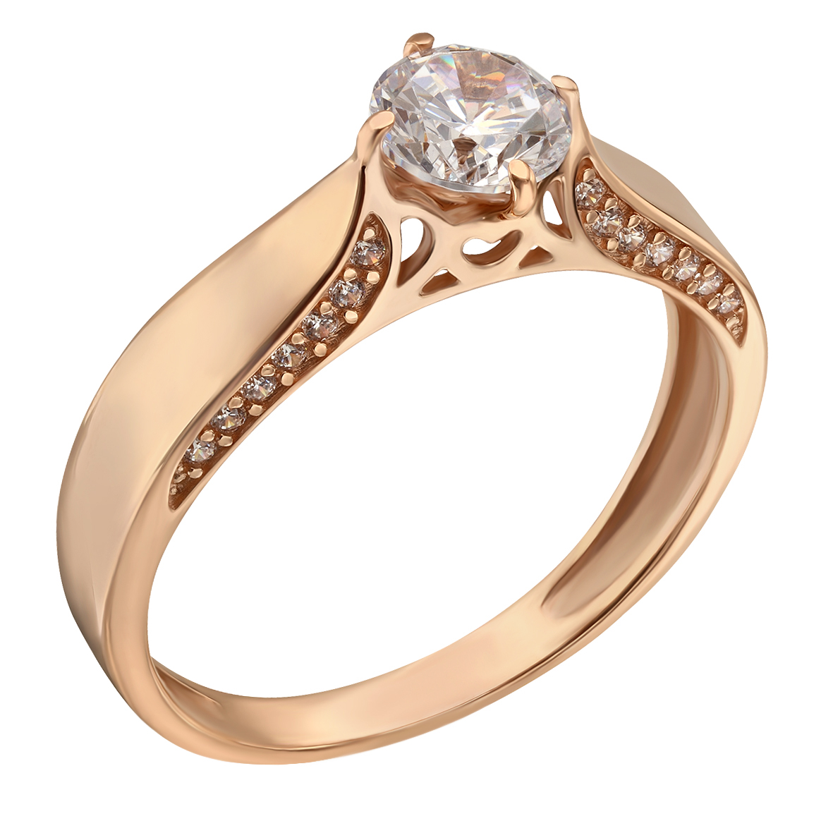 Klassischer Goldring mit großem Zirkonia und seitlichem Steinbesatz – 585er Rotgold