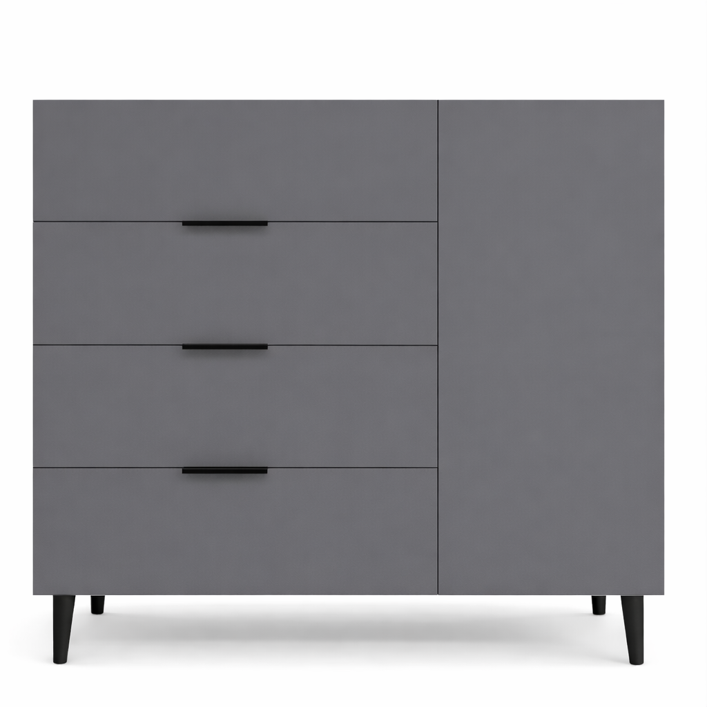 Комод з чотирма шухлядами та одними дверцятами з внутрішніми полицями на ніжках