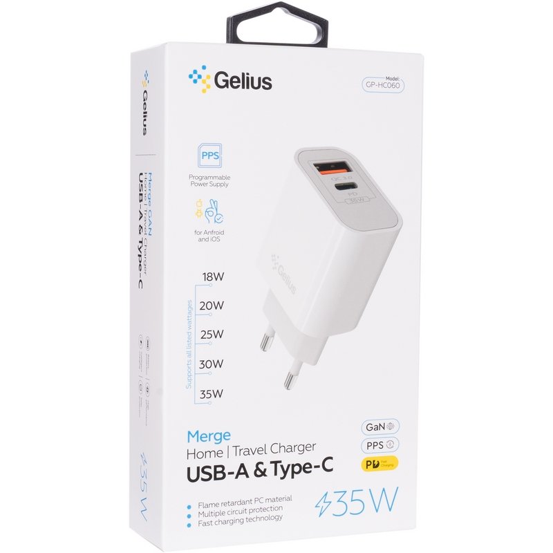 Мережевий зарядний пристрій Gelius Merge GP-HC060 GAN USB+Type-C 35W (QC/PD/PPS) White