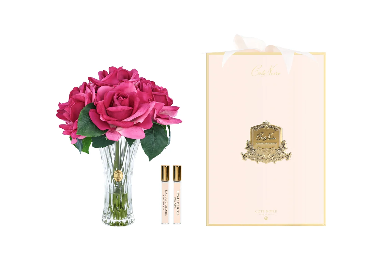 Аромаквіти Cote Noire Charente Seven Rose in Magenta & Gold Badge - букет із 7 малинових троянд у скляній вазі