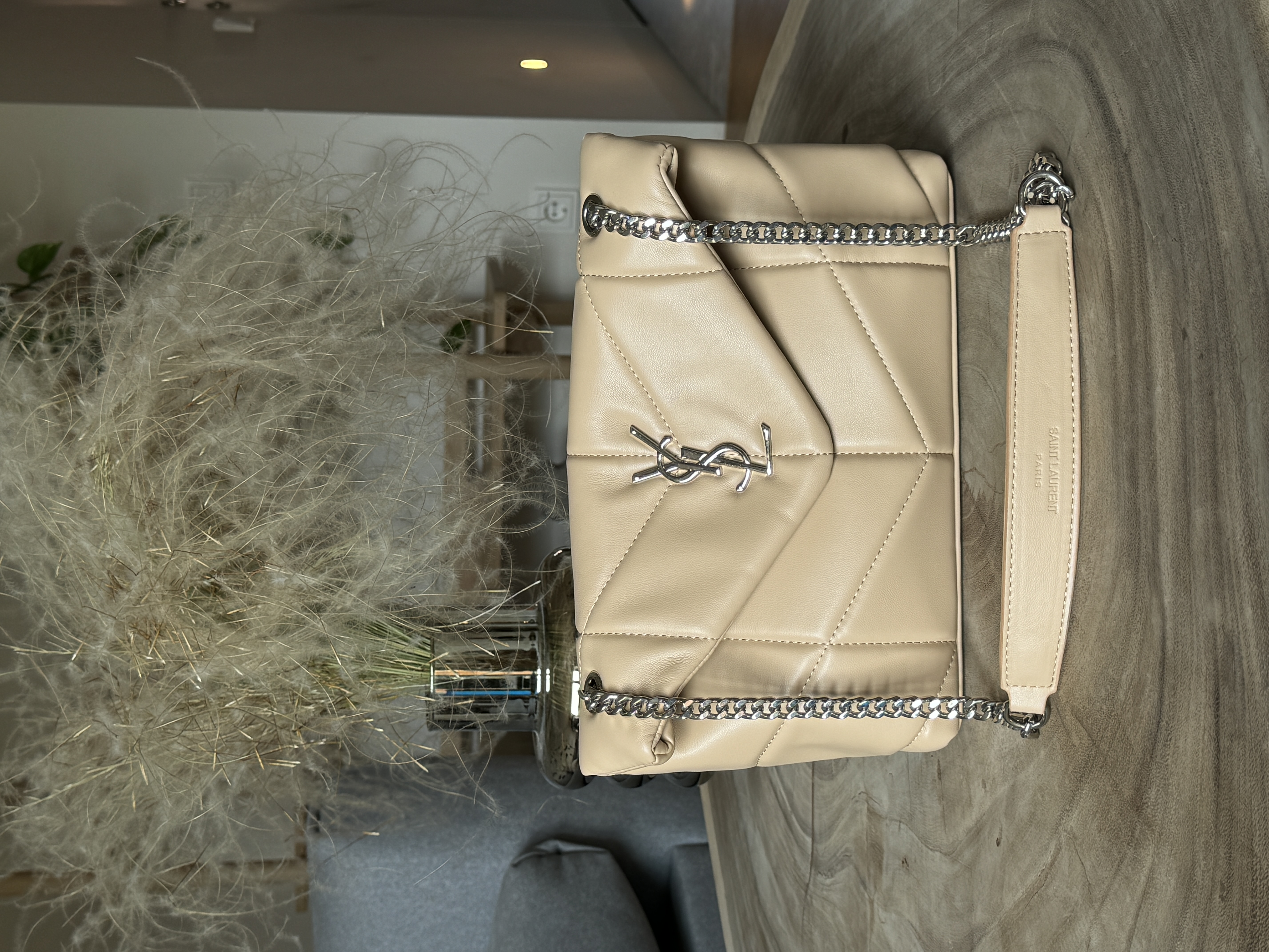 Yves Saint Laurent Puffer Small in Nappa Leather Beige Silver Chain
