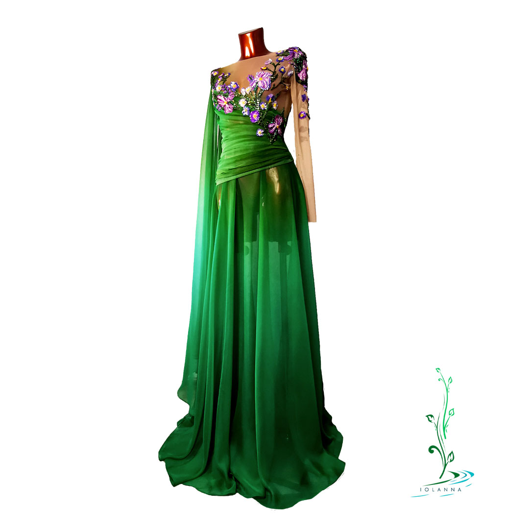 Enchanting Floral Embroidered Green Evening Gown