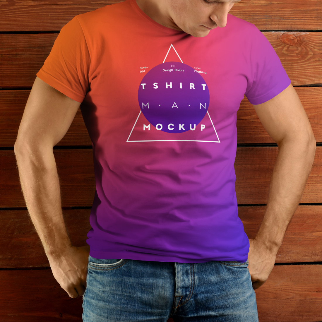 7 Mockup Man T-Shirts on Wooden Background
