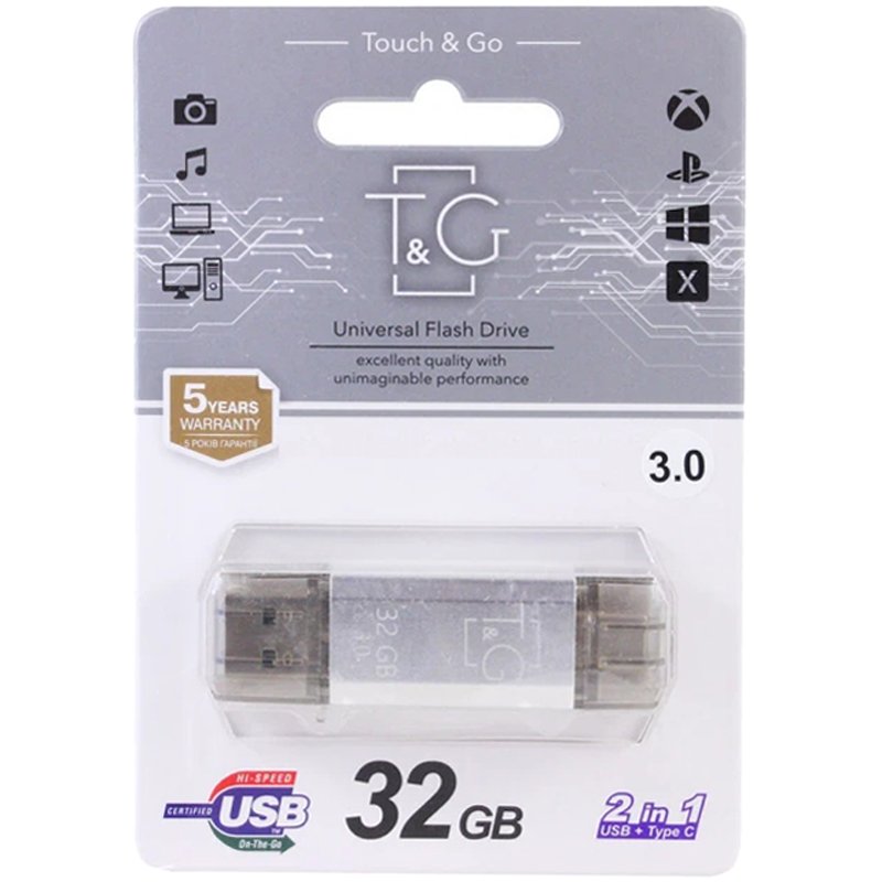 USB 3.0 флеш накопичувач T&G Star 009 32Gb USB-A/Type-C Silver