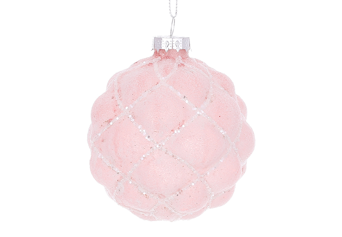 Ялинкова куля рельєфної форми з цукровим покриттям та гліттерним декором 8см, колір - блідо-рожевий 115-150