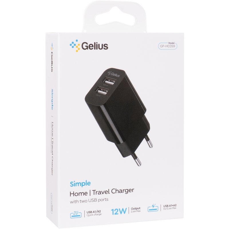 Мережевий зарядний пристрій Gelius Simple GP-HC059 (2 USB/2.4A) Black