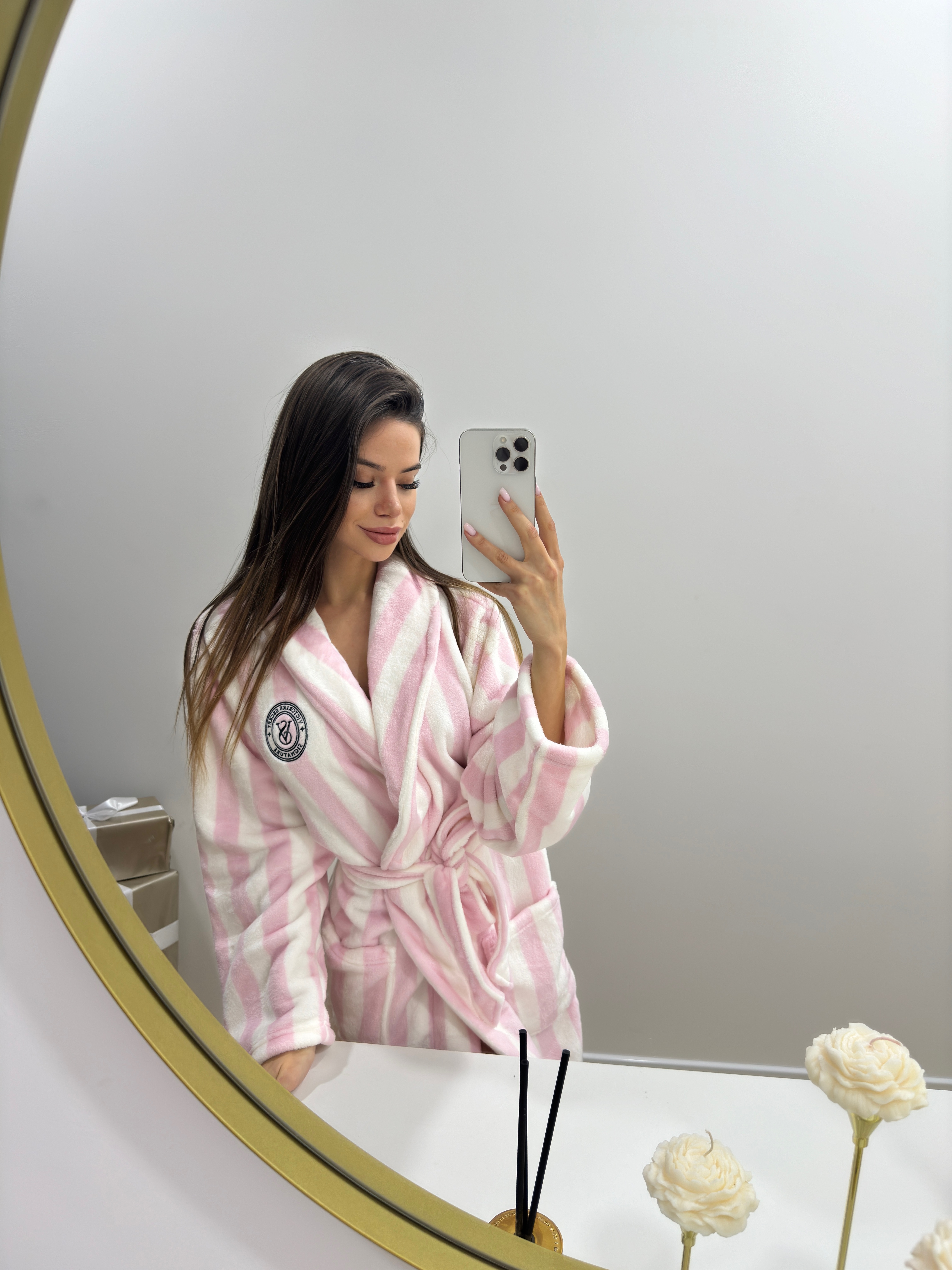 Плюшевий халат Logo Short Cozy Robe Pretty Blossom Stripes рожева полоска