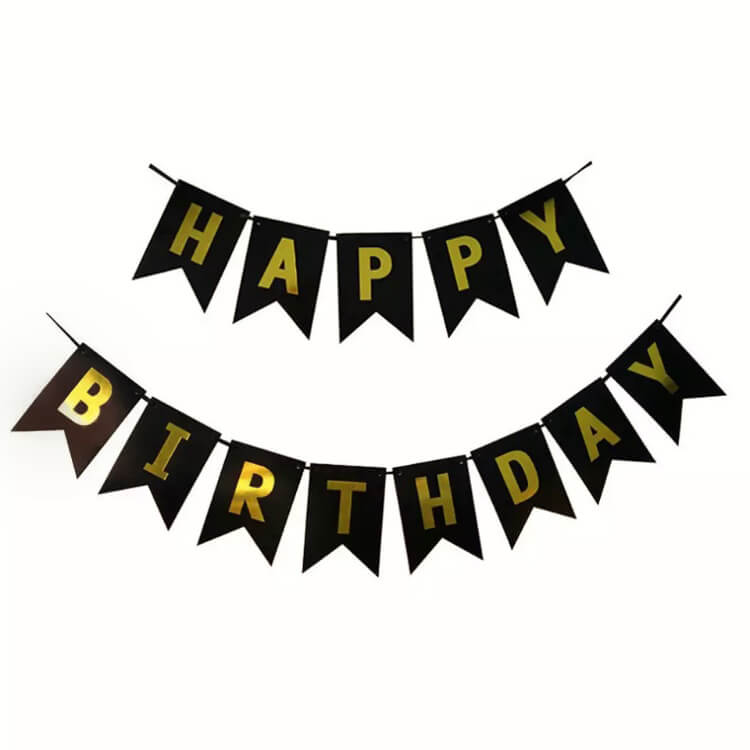 Чорні прапорці із золотими дзеркальними літерами Happy birthday