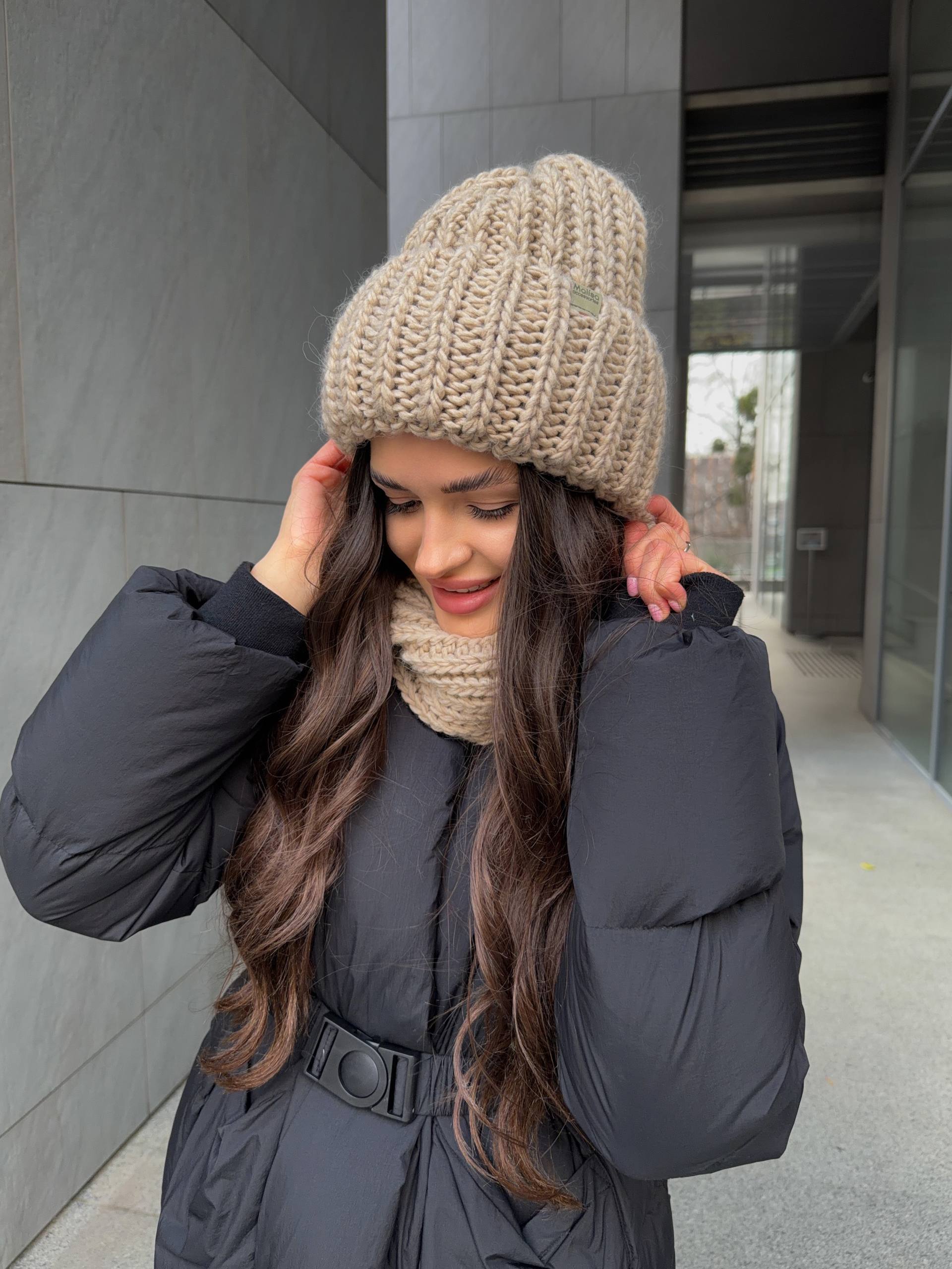 Комплект шапка на флісі та баф бежевий